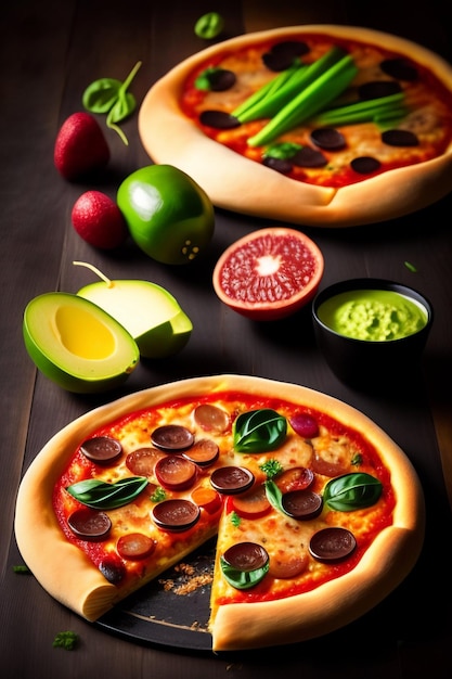 Pizza vegana en mesa con frutas y verduras