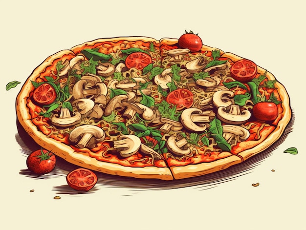 Pizza vegana con tomates cherry, champiñones, queso vegano y albahaca fresca, cocina italiana, ilustración de pizza vegetariana para anuncios de entrega de menús, producción impresa, ilustración de alimentos, primer plano