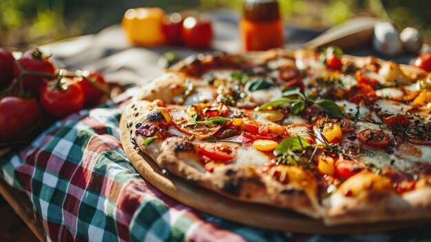 Foto pizza vegetariana carregada contra um ambiente de piquenique ao ar livre vibrante
