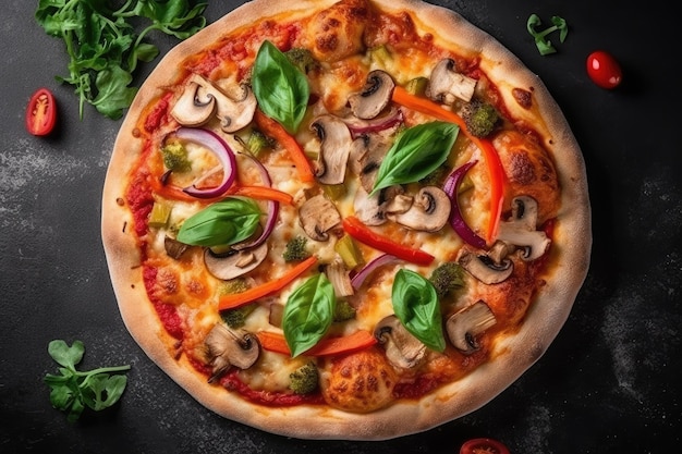 Pizza vegetariana en un plato blanco Vista superior IA generativa