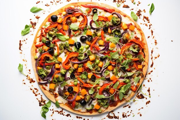 Foto pizza vegetariana sobre un fondo blanco