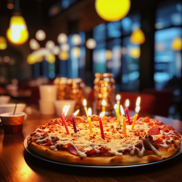 Pizza con velas de cumpleaños foto en primer plano de la pizza de pepperoni borrosa interior del restaurante de pizzería