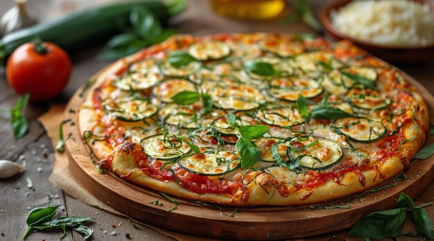 Pizza de verduras frescas en una bandeja de madera