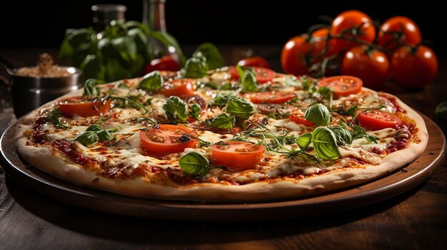 Pizza de verduras con mozzarella, queso y albahaca