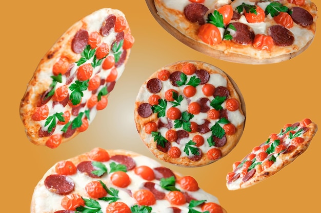 Foto pizza voadora em fundo laranja pizza caseira levitação comida tradicional italiana mussarela e pepperoni pizza fresca