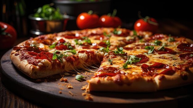 Foto pizza voller gemüse und fleisch auf einem holztisch mit verschwommenem hintergrund