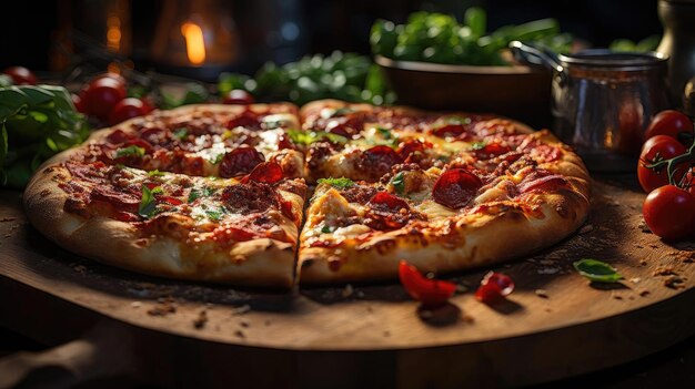 Foto pizza voller gemüse und fleisch auf einem holztisch mit verschwommenem hintergrund