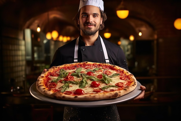 Pizzabäcker hält einen perfekt zubereiteten Kuchen