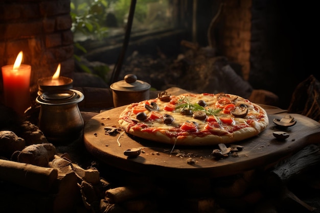 Pizzagericht italienischen Ursprungs, bestehend aus einem runden, flachen Boden aus gesäuertem Weizenteig, belegt mit Tomaten, Käse und anderen Zutaten, der bei hoher Temperatur in einem Holzofen gebacken wird