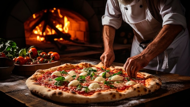 Pizzaiolo bereitet rustikale Pizza im traditionellen holzbefeuerten Ofen zu. Kulinarische Kunst