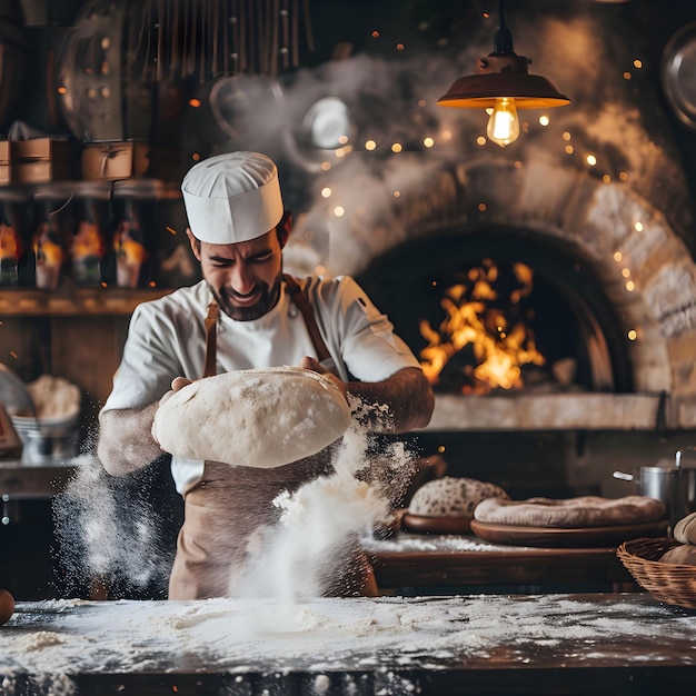 Foto pizzaiolo lançando massa forno a lenha pizza napolitana