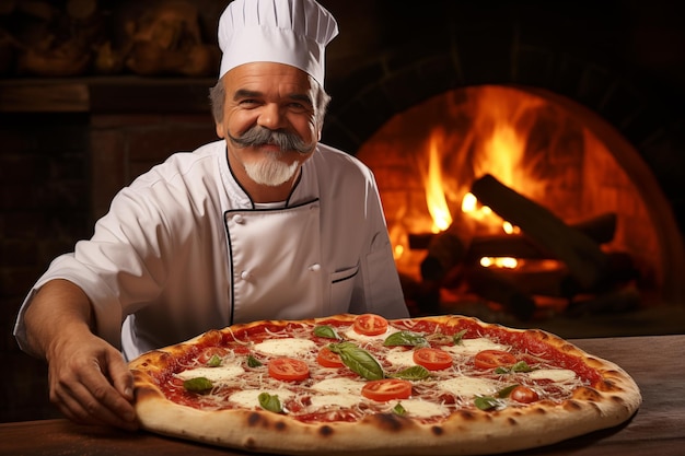 Foto pizzaiolo con pizza gigante en el fondo de la chimenea