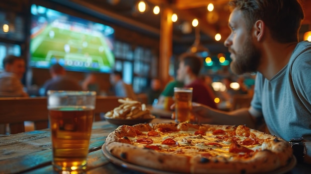 Pizzaliebhaber naschen, während sie in einem Restaurant Fußball im Fernsehen schauen Generative KI