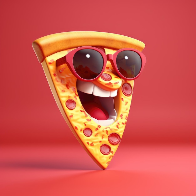 Pizzarazzi Slice usando óculos de sol faz uma pose de desenho animado 3D em um fundo vermelho ardente