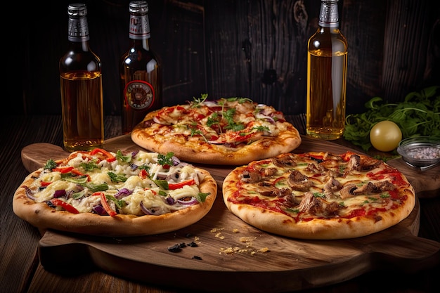 Pizzas y cervezas sabrosas en tablero de madera con fondo oscuro IA generativa