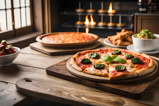 Pizzas em uma mesa em frente ao fogo