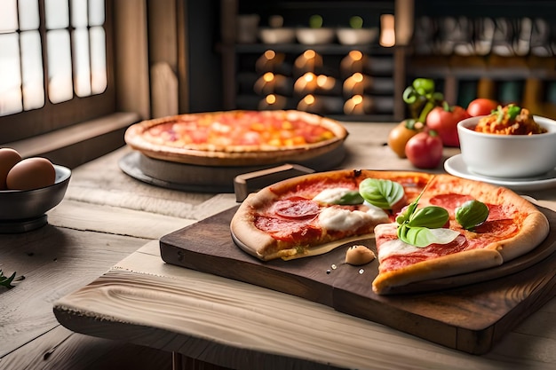 Pizzas en una mesa con una taza de café y una vela.