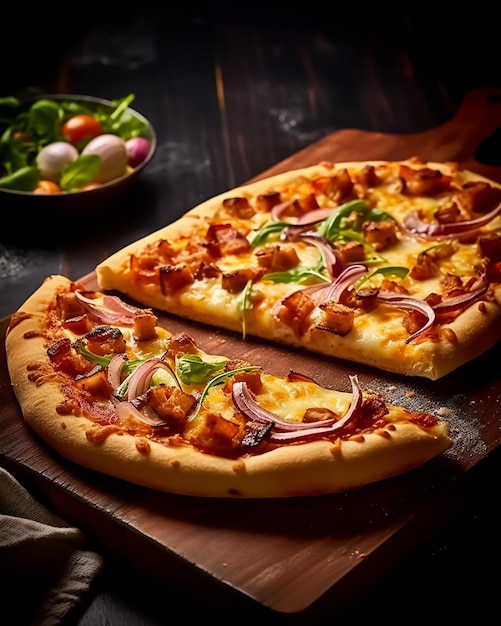 Pizzas en una tabla de madera con una ensalada al fondo