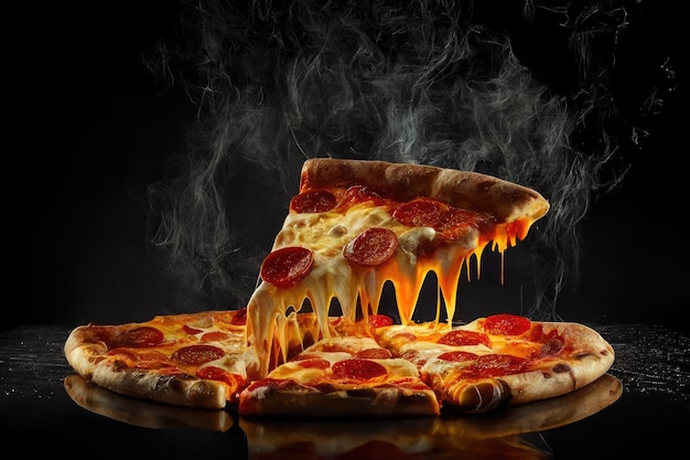 Pizzastück und heiße Pizza auf schwarzem Hintergrund, generative KI