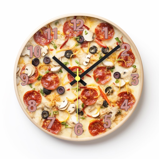Pizzazeit-Wanduhr in Form einer runden Pizza mit weißem Hintergrund
