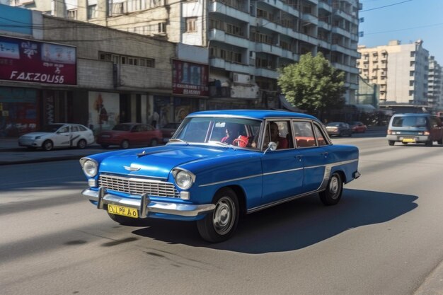 Pjöngjang, Nordkorea, 9. Oktober 2019 Ein altes blaues Auto fährt in der Pjöngyang-Straße mit der nordkoreanischen Flagge.