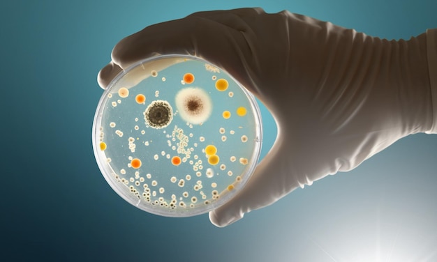 Foto placa de agar llena de bacterias y microorganismos ofmicro