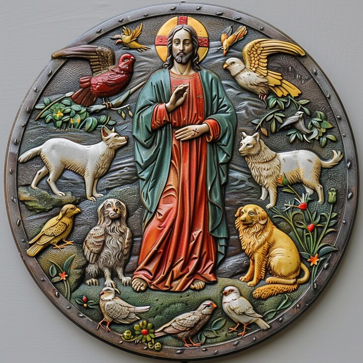 Placa arrafada de Jesús rodeado de animales y aves generativo ai