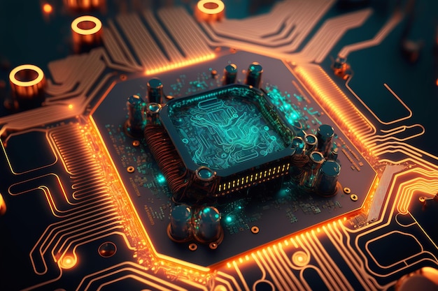 Placa base con circuitos electrónicos y CPU con estructuras de neón brillantes Tecnologías cibernéticas abstractas Ilustración generativa de IA