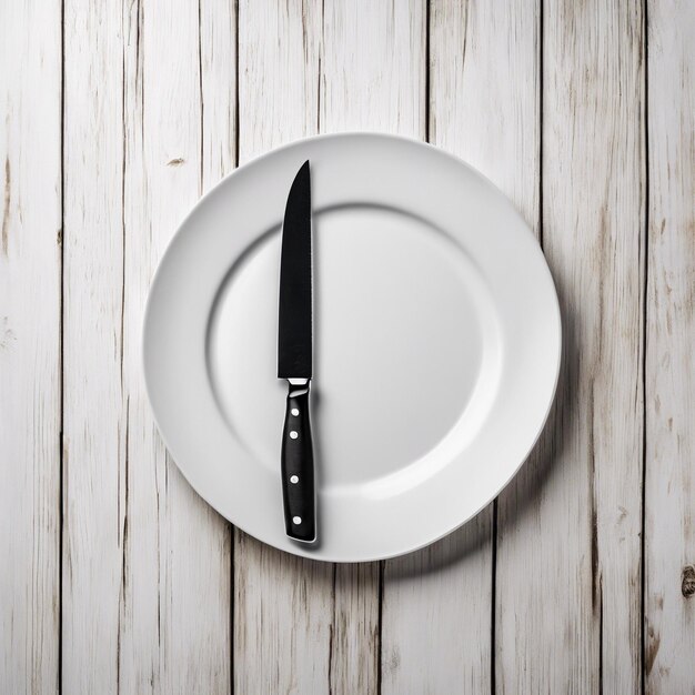 una placa blanca y un cuchillo en una mesa de madera aislada sobre un fondo blanco