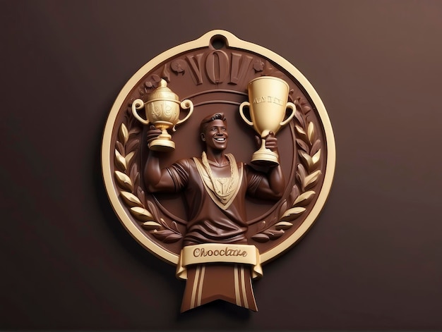 una placa de bronce con un hombre sosteniendo dos trofeos en sus manos y una cinta alrededor de su cuello