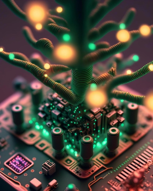 Una placa de circuito con un árbol y una placa de circuito con luces