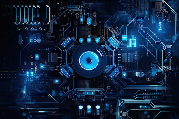 Una placa de circuito azul con un fondo azul que dice "seguridad cibernética"