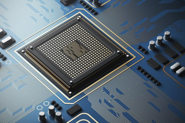 Placa de circuito azul con un procesador. Concepto de tecnologías e información modernas. maqueta de renderizado 3d