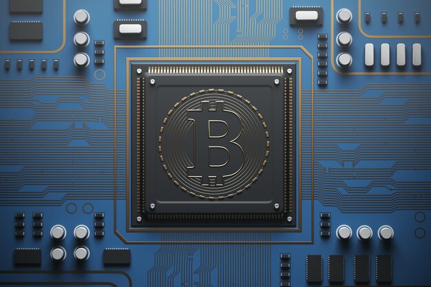 Placa de circuito azul con un procesador. Concepto de tecnologías e información modernas. Vista superior, maqueta de renderizado 3d de bitcoin