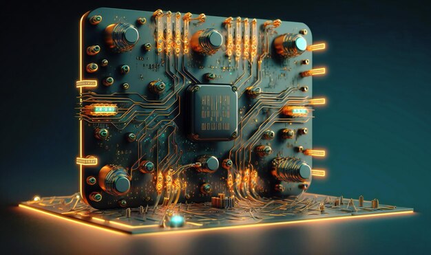 Una placa de circuito con circuitos y cables brillantes