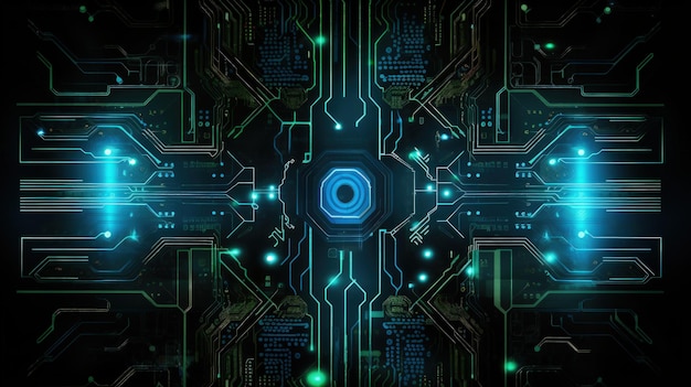 Una placa de circuito de computadora con un círculo azul en el centro IA generativa