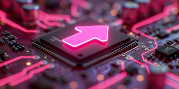 Una placa de circuito de computadora detallada con luces y elementos holográficos flechas y elementos técnicos