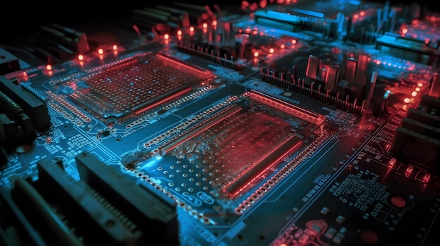 Una placa de circuito de computadora con luces rojas y azules generativas ai