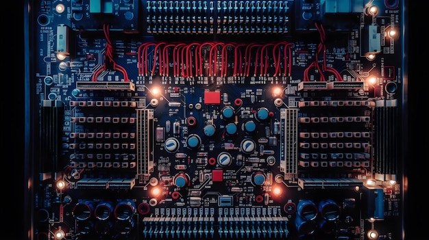 Una placa de circuito de computadora con luces rojas y azules generativas ai