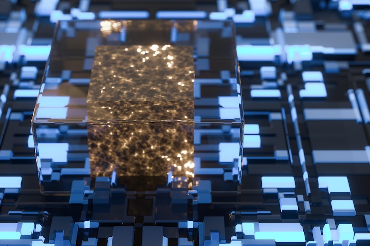 Foto placa de circuito con cubo brillante y renderizado 3d de líneas