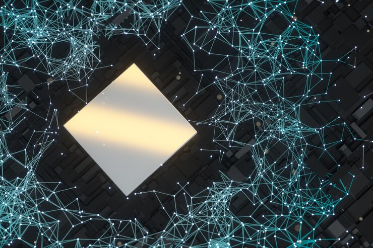 Foto placa de circuito con cubo brillante y renderizado 3d de líneas