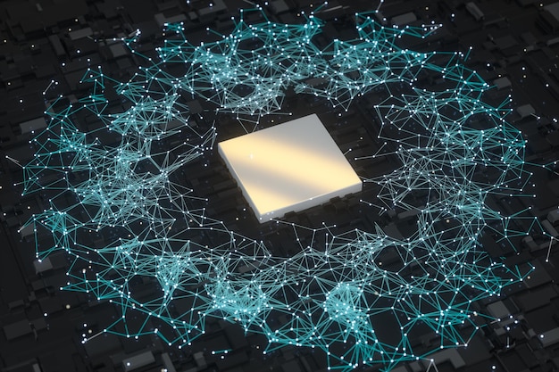 Placa de circuito con cubo brillante y renderizado 3d de líneas