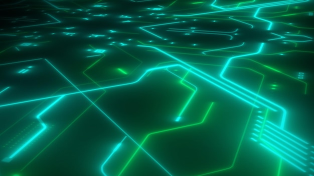 Placa de circuito digital abstracta con líneas verdes brillantes sobre un fondo oscuro