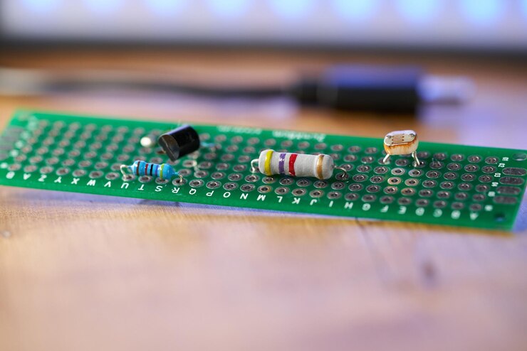 Foto placa de circuito con elementos eléctricos, sobre una mesa de madera.