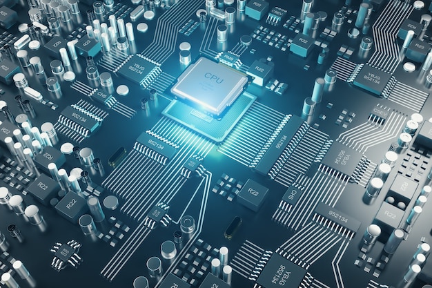 Placa de circuito. Fondo de tecnología. Concepto de CPU de procesadores de computadora central. Chip digital de placa base. Antecedentes de la ciencia tecnológica. Procesador de comunicación integrado. Ilustración 3D