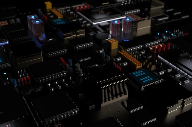 Placa de circuito impreso con microchips, procesadores y otras partes de la computadora sobre un fondo oscuro