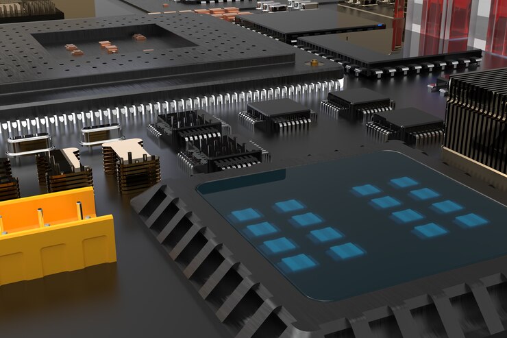 Foto placa de circuito impreso con microchips, procesadores y otras partes de la computadora.