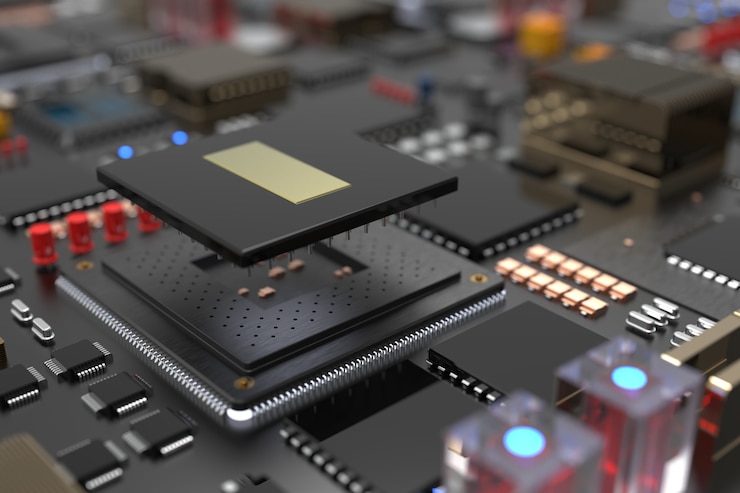 Foto placa de circuito impreso con microchips, procesadores y otras partes de la computadora.