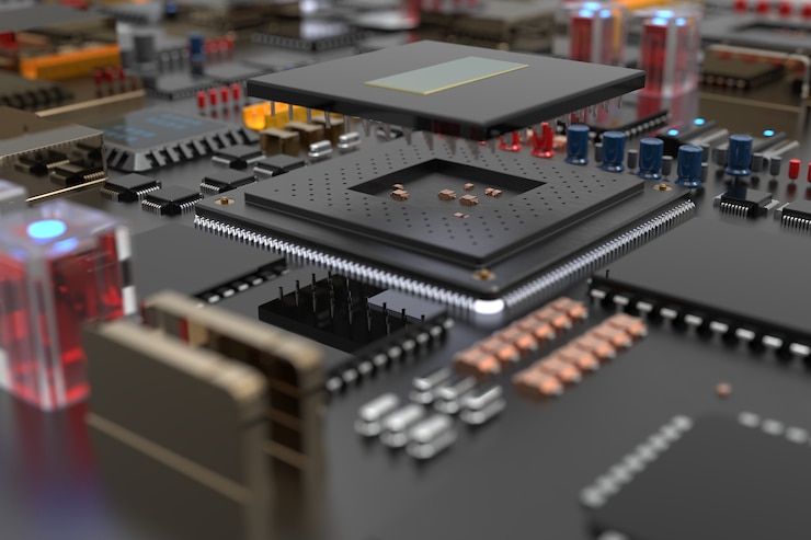 Foto placa de circuito impreso con microchips, procesadores y otras partes de la computadora.