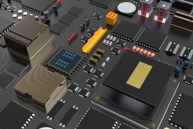 Placa de circuito impreso con microchips, procesadores y otras partes de la computadora.